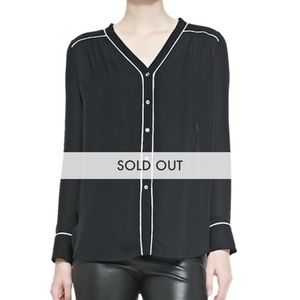 Vince Silk Contrast-Piping Blouse, Black-Off White